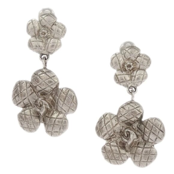Chanel Flower Dangle Earrings Clip-On Silver 98A - Picture 1 of 4